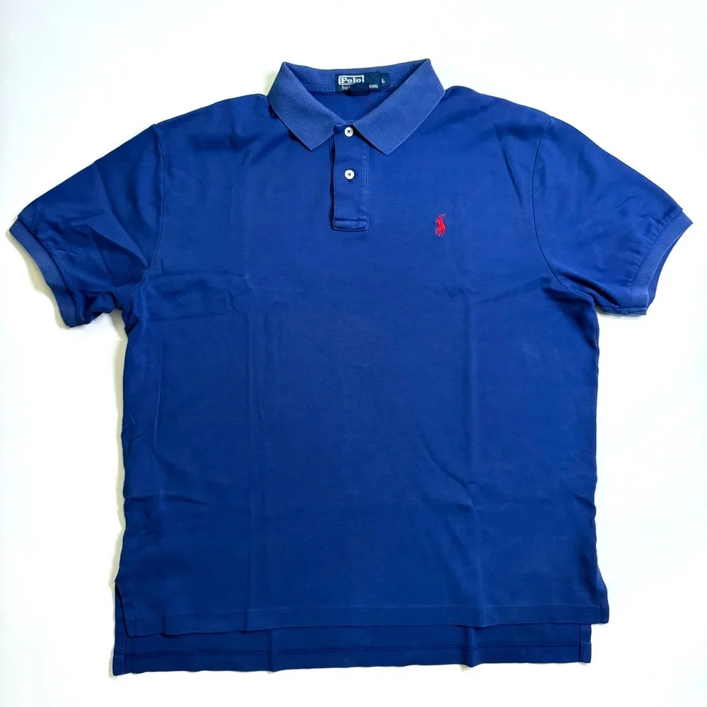 VTG 90's Polo Ralph Lauren Polo Shirt Large Blue Solid Short Sleeve Red Pony